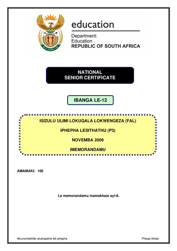 Grade 12 isiZulu past paper 2009 – IsiZulu FAL P3 memo