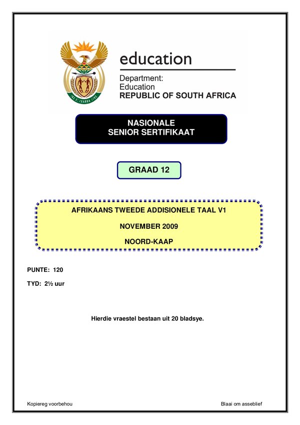 Grade 12 Afrikaans past paper 2001 – Afrikaans SAL P1 (Northern Cape)