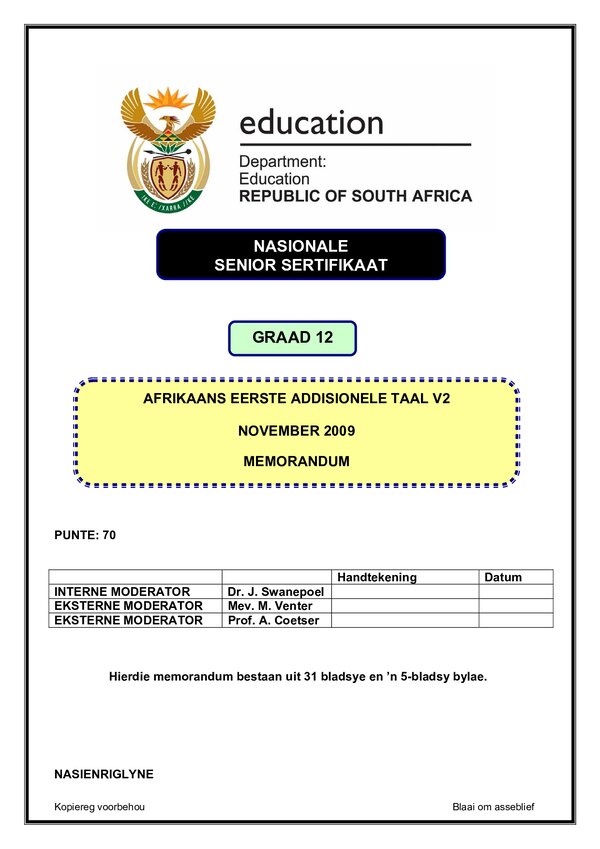 Grade 12 Afrikaans past paper 2009 – Afrikaans FAL P2 memo