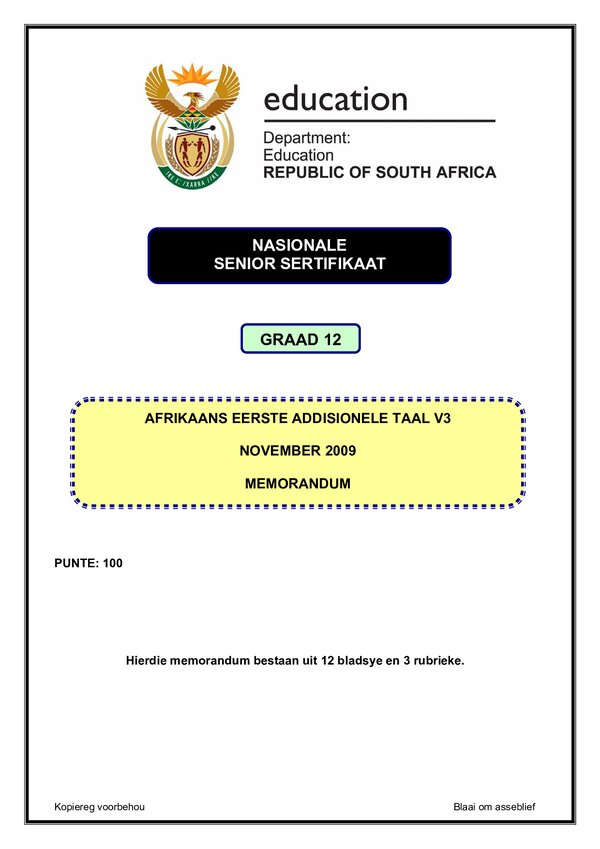 Grade 12 Afrikaans past paper 2009 – Afrikaans FAL P3 memo
