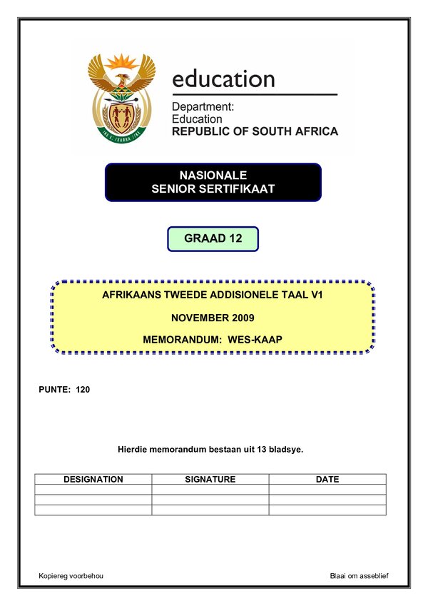 Afrikaans Sal P1 Memo (Western Cape)