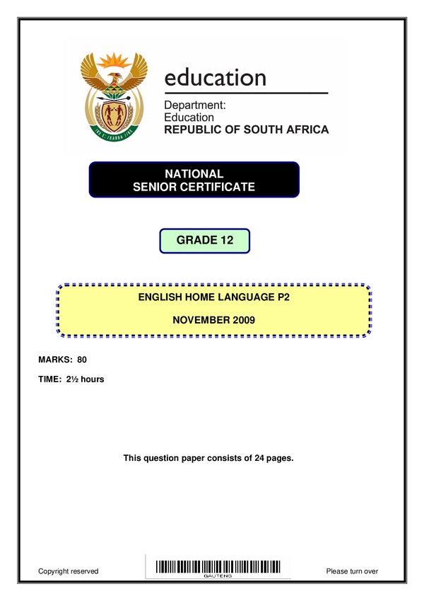 Grade 12 English past paper 2009 – English HL P2