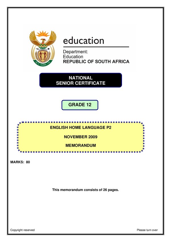 Grade 12 English past paper 2009 – English HL P2 memo