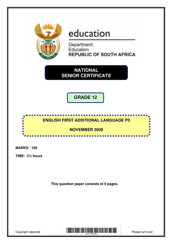 Grade 12 English past paper 2009 – English FAL P3