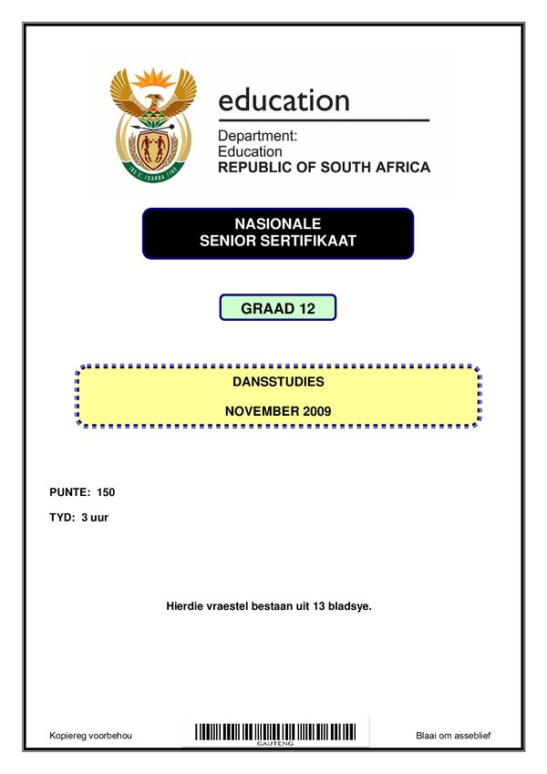 Grade 12 Afrikaans past paper 2009 – Dance studies Paper 1 (Afrikaans)