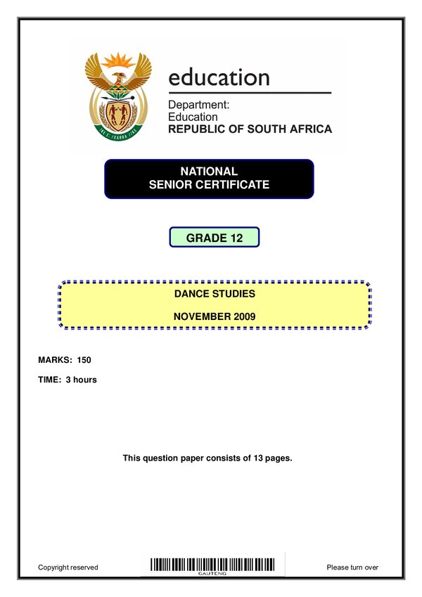 Grade 12 English past paper 2009 – Dance studies Paper 1 (English)