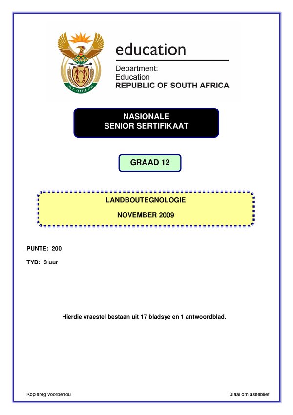 Grade 12 Afrikaans past paper 2009 – Agricultural Technology Paper 1 (Afrikaans)