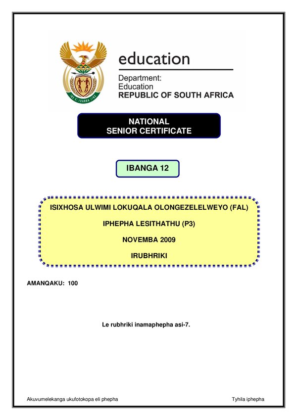 Isixhosa Fal P3 Rubric