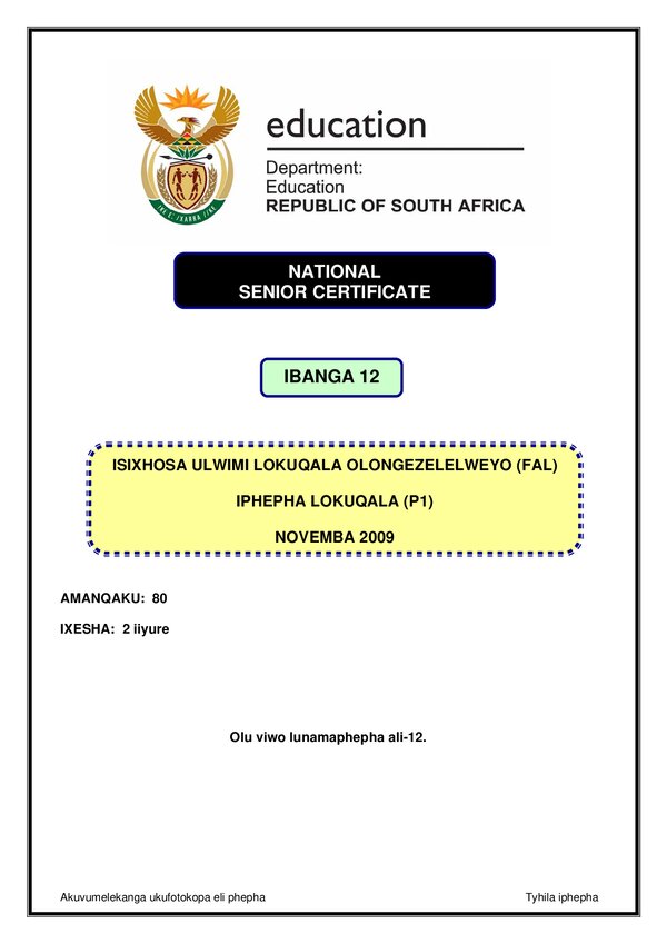 Grade 12 isiXhosa past paper 2009 – IsiXhosa FAL P1
