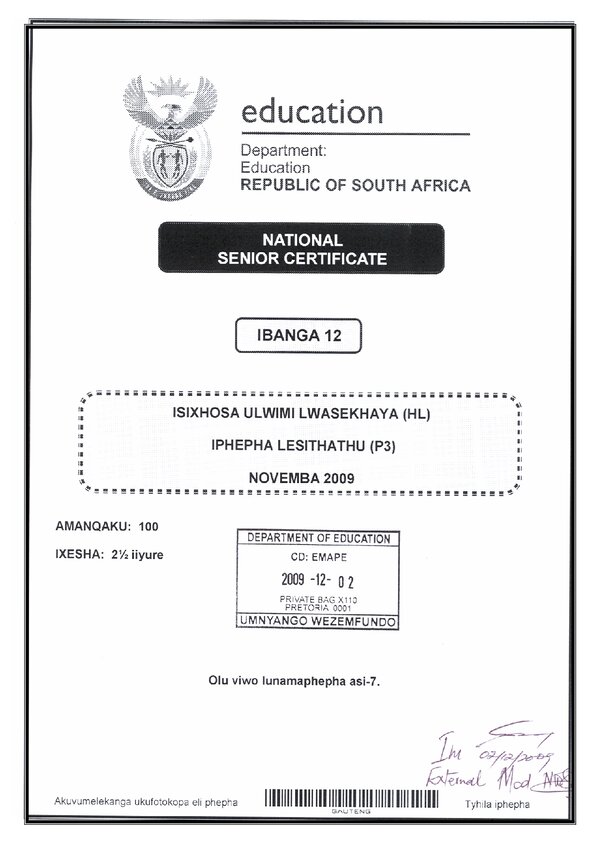 Isixhosa Hl P3 Rubrics