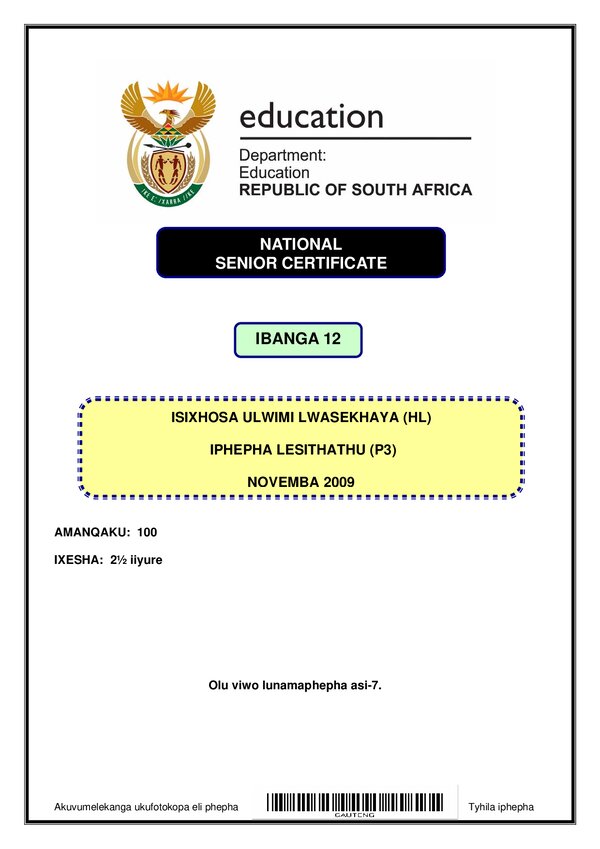 Grade 12 isiXhosa past paper 2009 – IsiXhosa HL P3