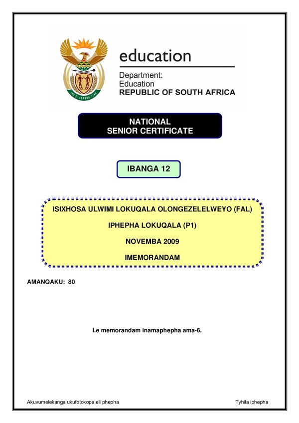 Grade 12 isiXhosa past paper 1992 – IsiXhosa FAL P1 memo