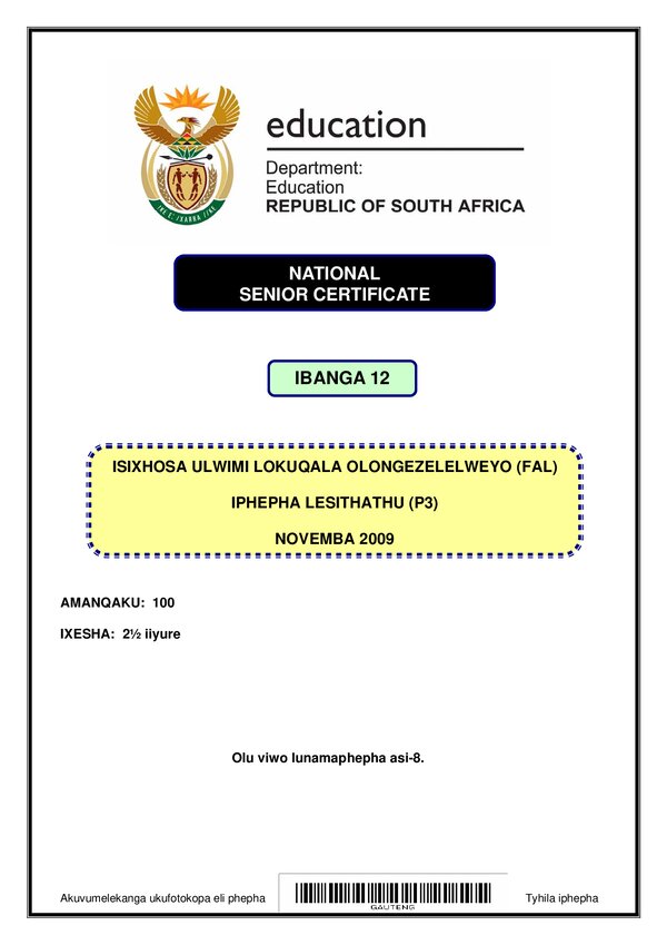 Grade 12 isiXhosa past paper 2009 – IsiXhosa FAL P3