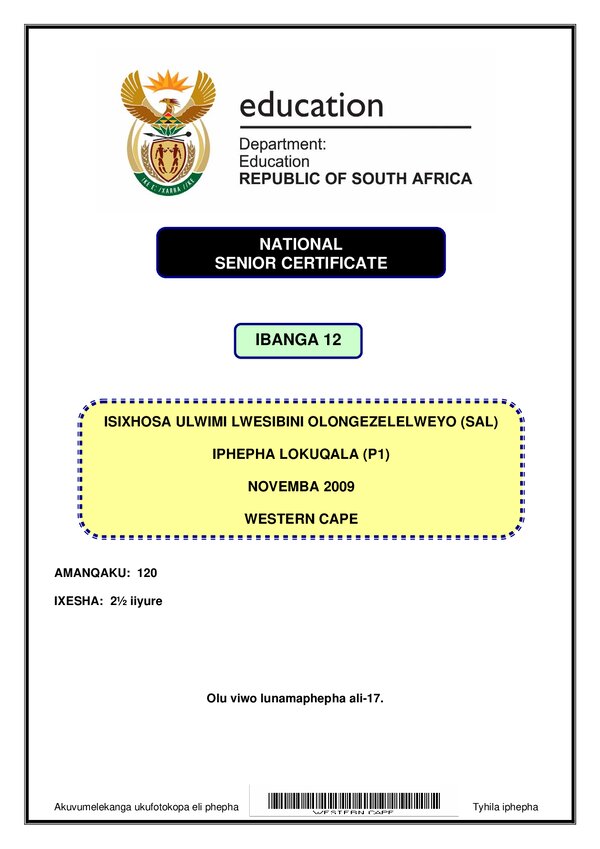 Grade 12 isiXhosa past paper 2007 – IsiXhosa SAL P1 (Western Cape)