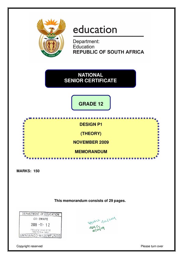 Grade 12 History past paper 2009 – Design Memo 1 (Eng)