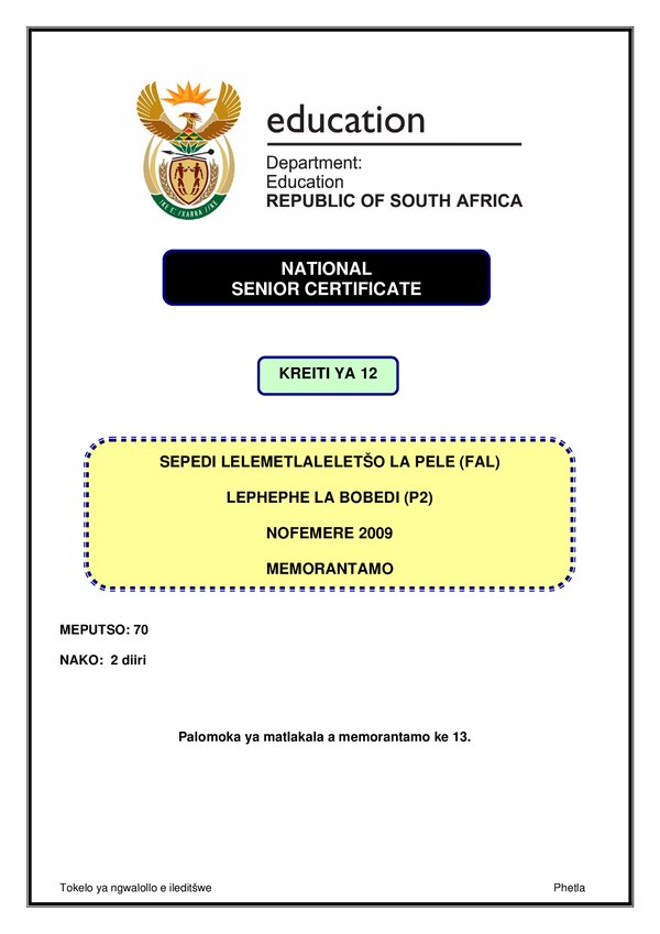 Grade 12 Sepedi past paper 2008 – Sepedi FAL P2 memo