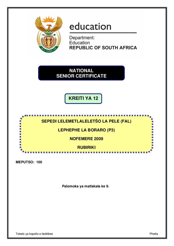 Grade 12 Sepedi past paper 2009 – Sepedi FAL P3 Rubric