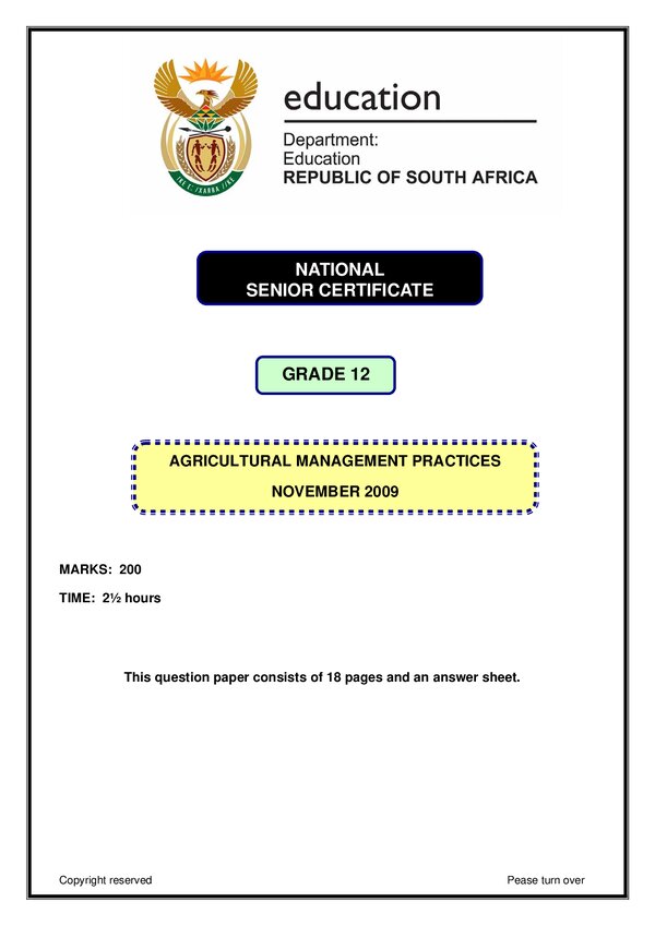 Grade 12 English past paper 2009 – Agricultural Management Practices Paper 1 (english)