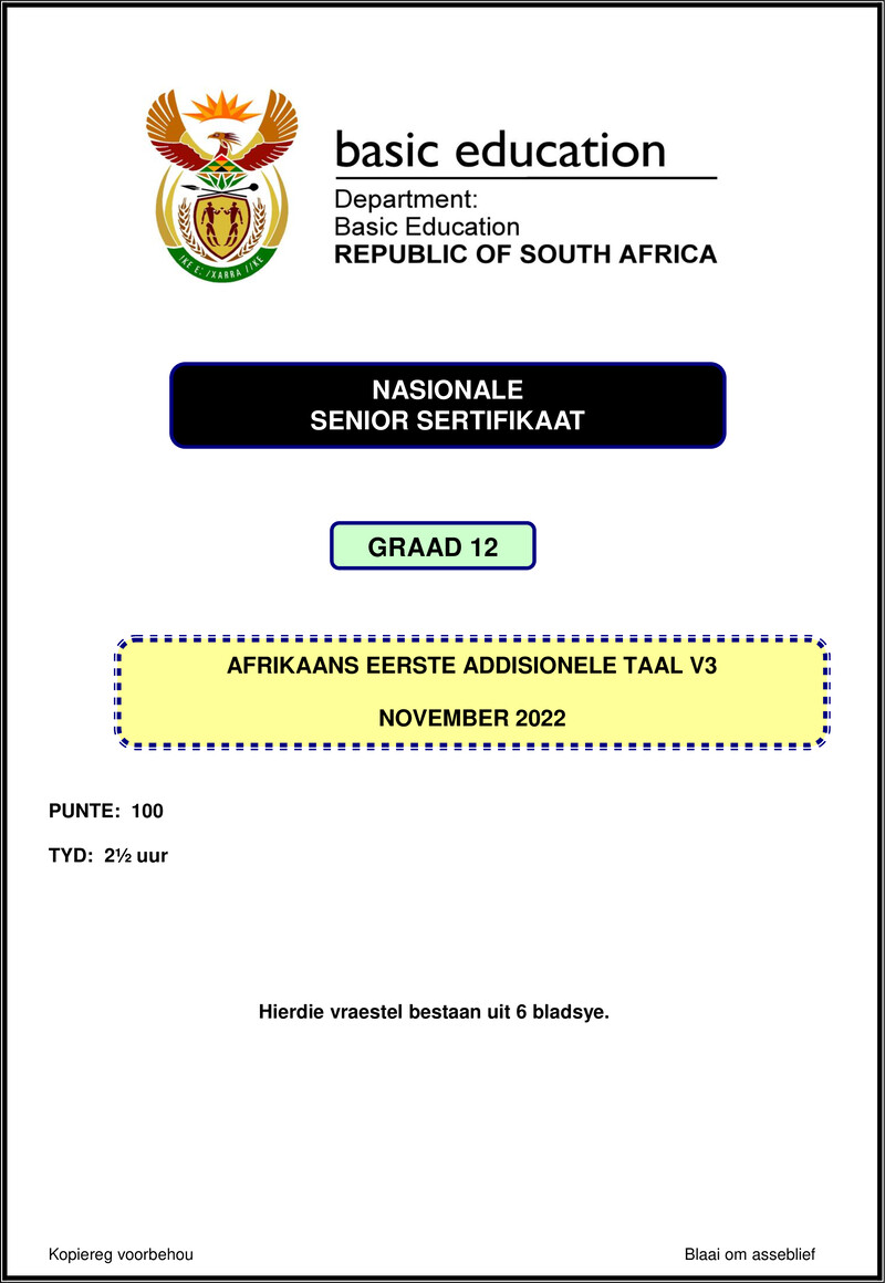 Grade 12 Afrikaans past paper 2022 – afrikaans fal p3 nov 2022 gr12