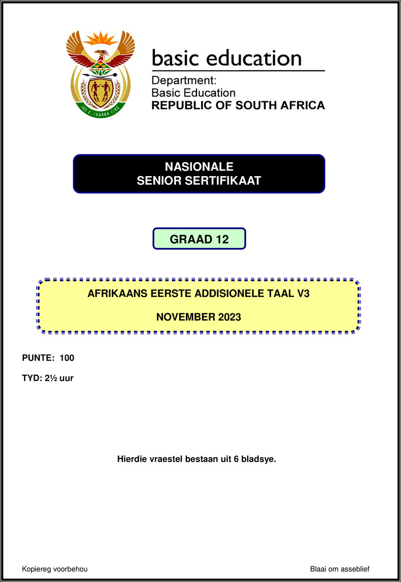 Grade 12 Afrikaans past paper 2023 – afrikaans fal p3 nov 2023 gr12