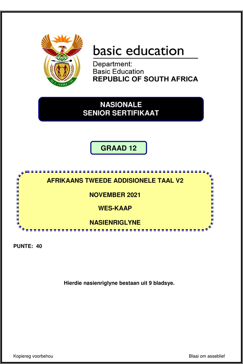 Grade 12 Afrikaans past paper 2021 – afrikaans sal p2 nov 2021 mg wes kaap gr12