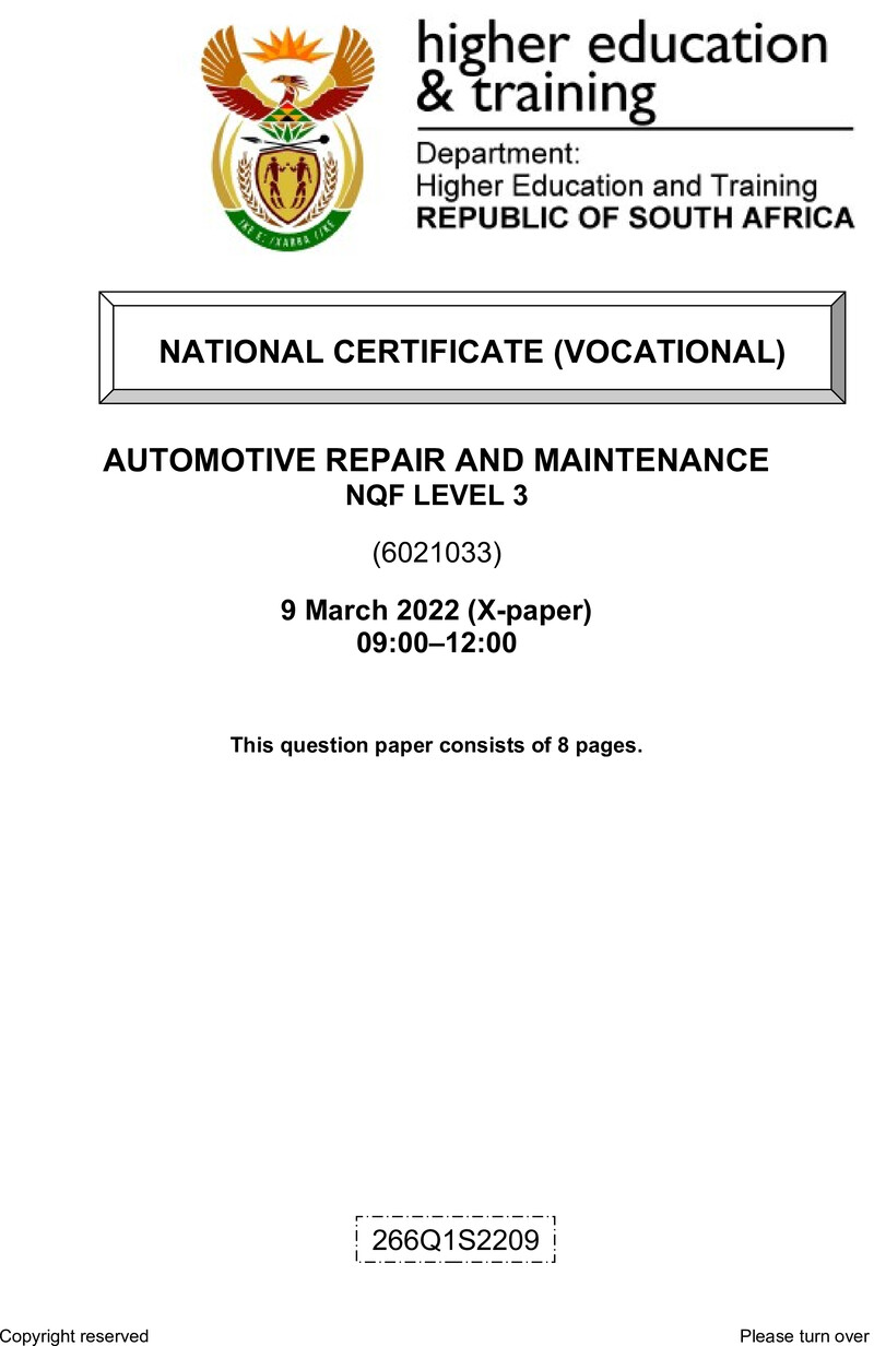 Automotive Repair And Maintenance L3 QP Feb 2022 Van Zyl S
