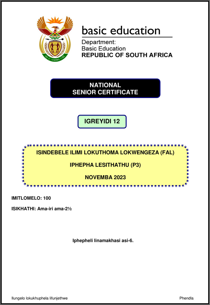 Isindebele Fal P3 Nov 2023 Gr12