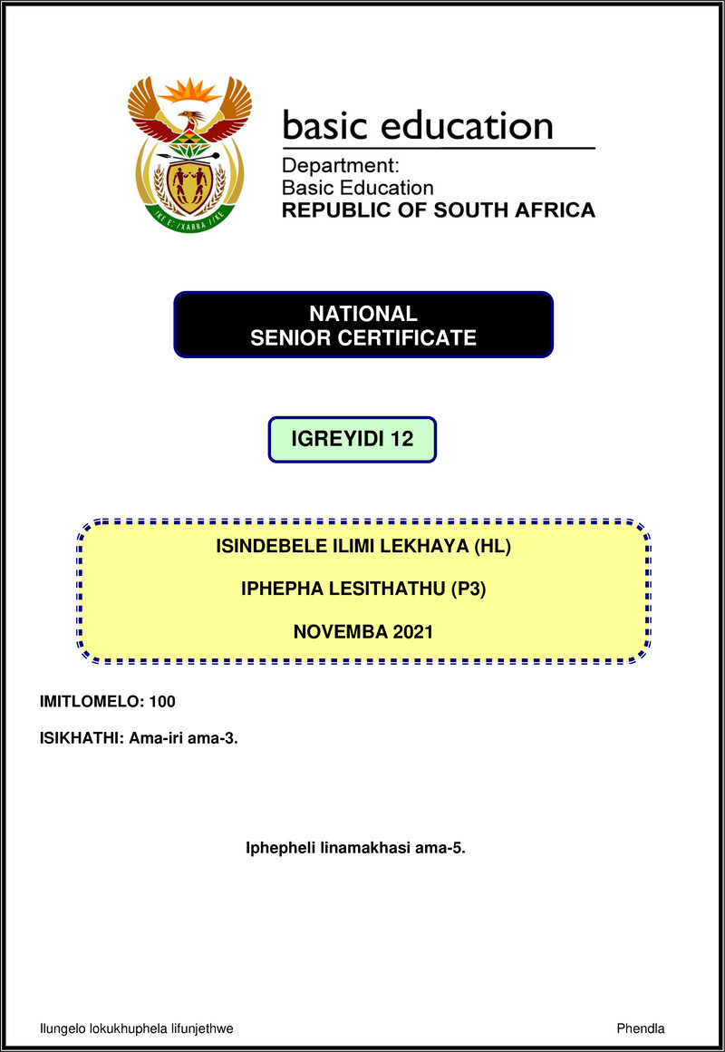 Isindebele Hl P3 Nov 2021 Gr12