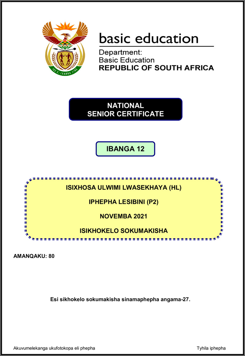 Isixhosa Hl P2 Nov 2021 Mg Gr12