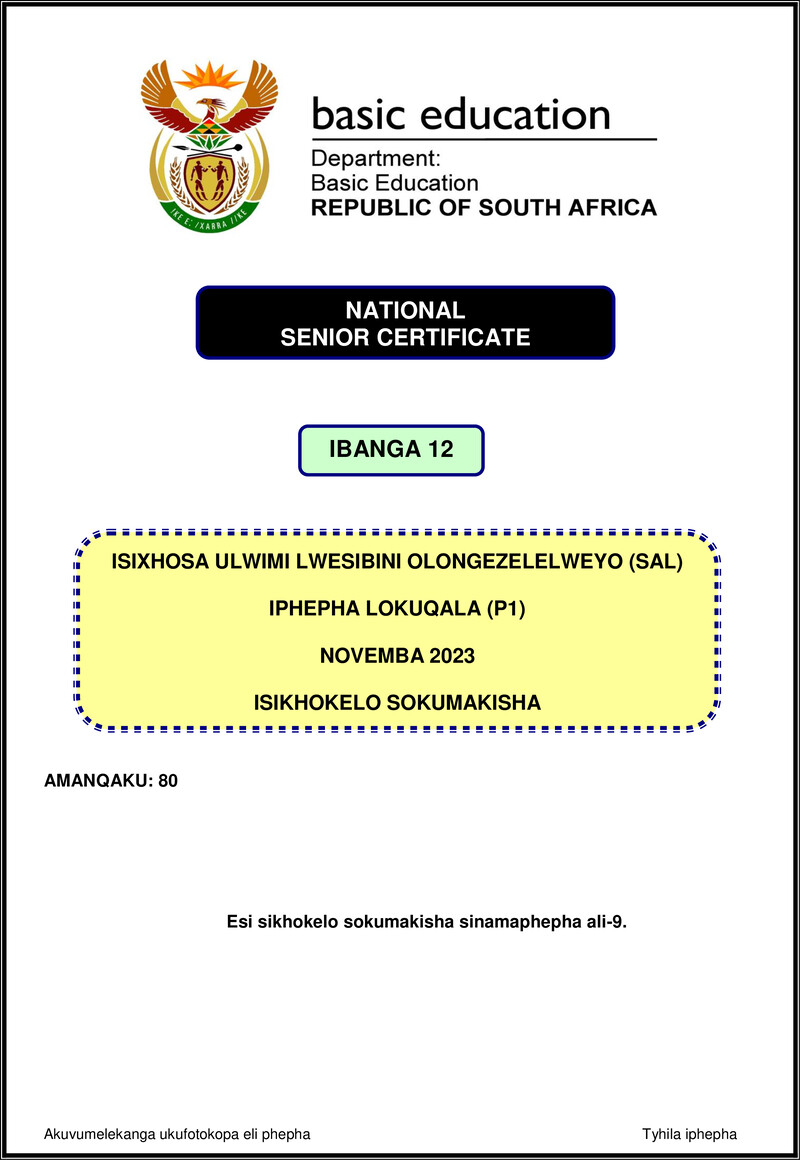 Grade 12 isiXhosa past paper 2023 – isixhosa sal p1 nov 2023 mg gr12