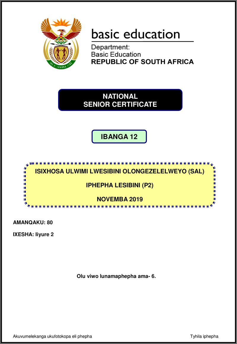 Grade 12 isiXhosa past paper 2019 – isixhosa sal p2 nov 2019 gr12
