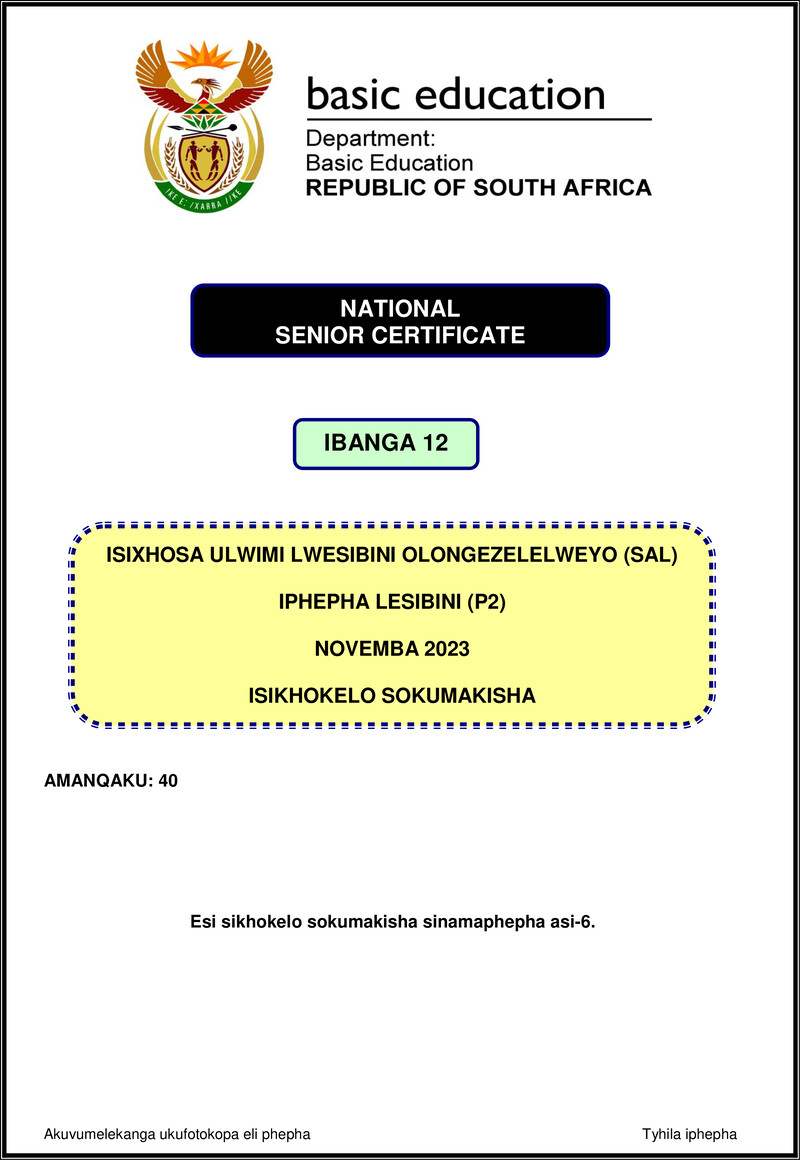 Isixhosa Sal P2 Nov 2023 Mg Gr12