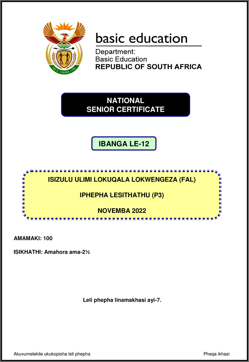Isizulu Fal P3 Nov 2022 Gr12