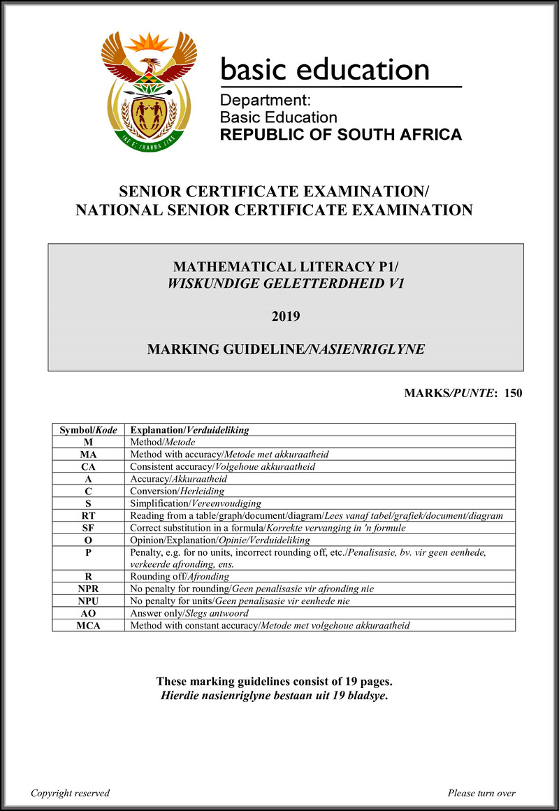 Mathematical Literacy P1 May June 2019 Memo Afr Eng 1 Gr12
