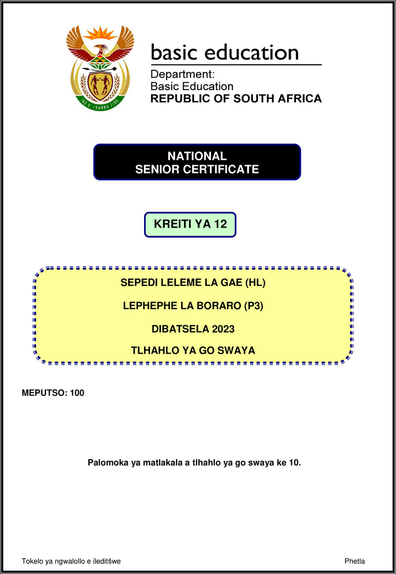 Grade 12 Sepedi past paper 2023 – sepedi hl p3 nov 2023 mg gr12