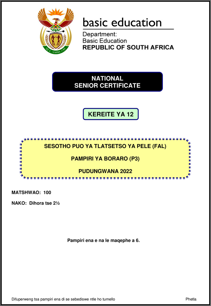 Sesotho Fal P3 Nov 2022 Gr12