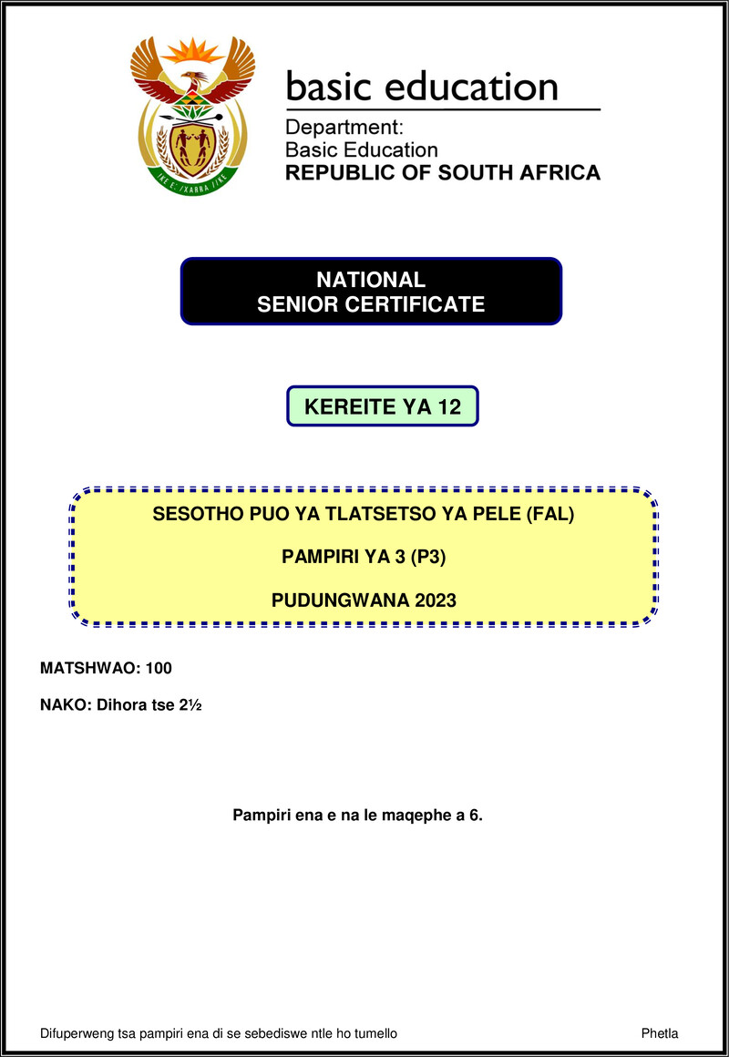 Grade 12 Sesotho past paper 2023 – sesotho fal p3 nov 2023 gr12