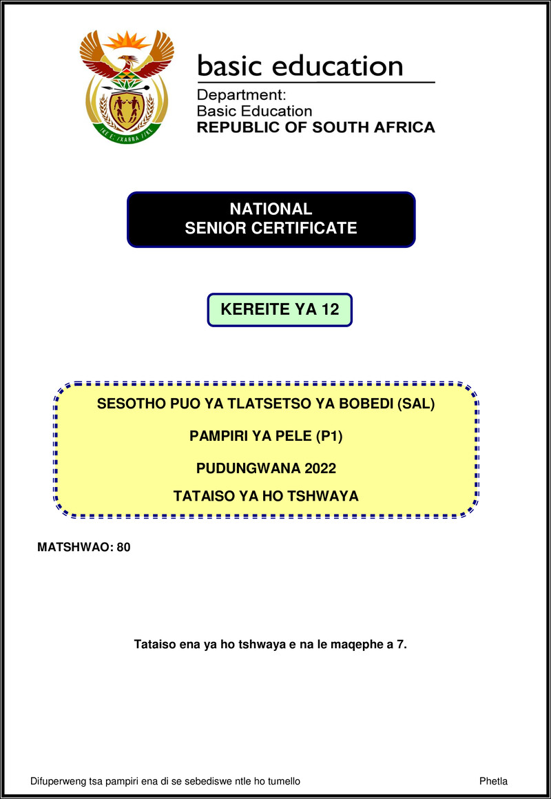 Sesotho Sal P1 Nov 2022 Mg Gr12