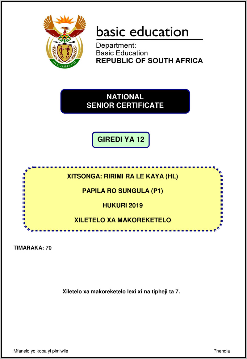 Xitsonga Hl P1 Nov 2019 Memo Gr12
