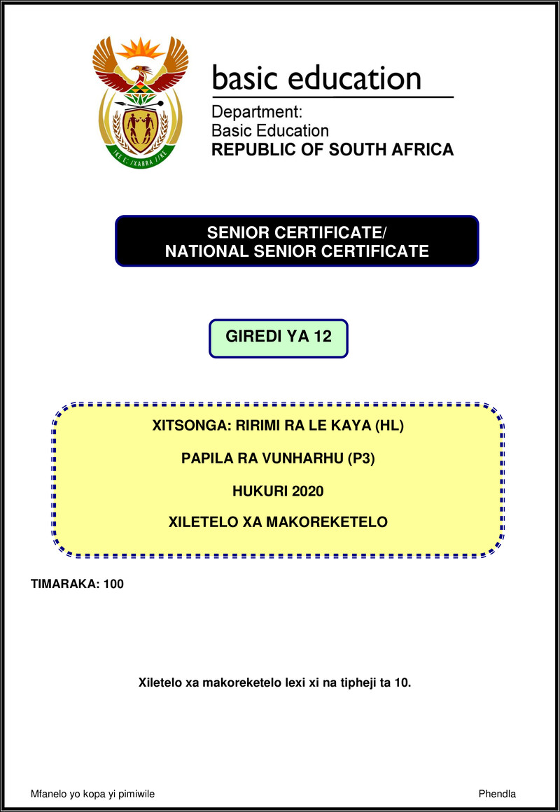 Xitsonga Hl P3 Nov 2020 Memo Gr12