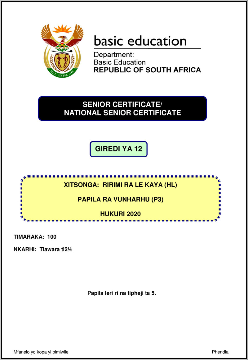 Xitsonga Hl P3 Nov 2020 Gr12