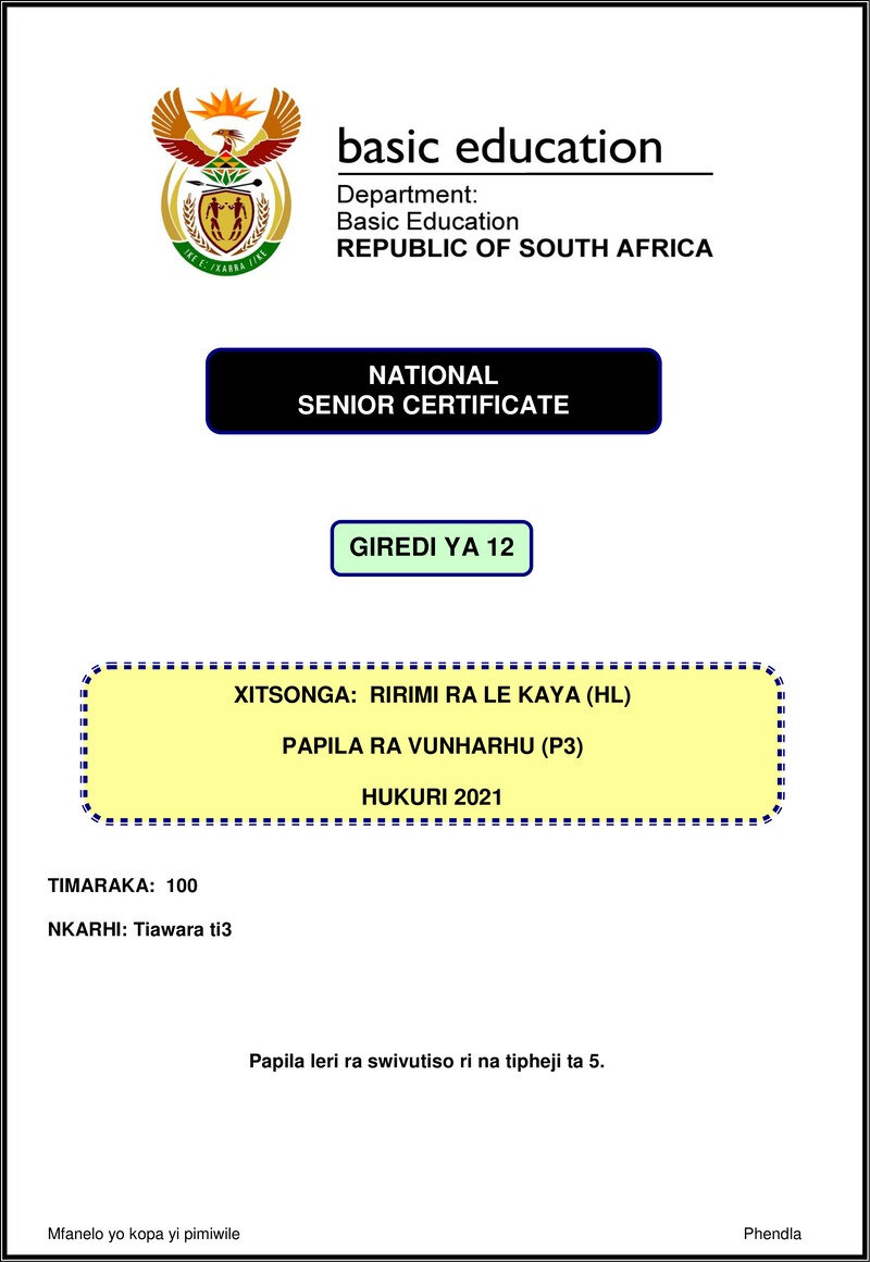 Xitsonga Hl P3 Nov 2021 Gr12