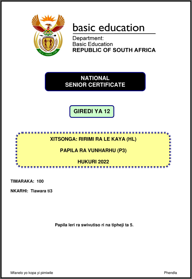 Xitsonga Hl P3 Nov 2022 Gr12