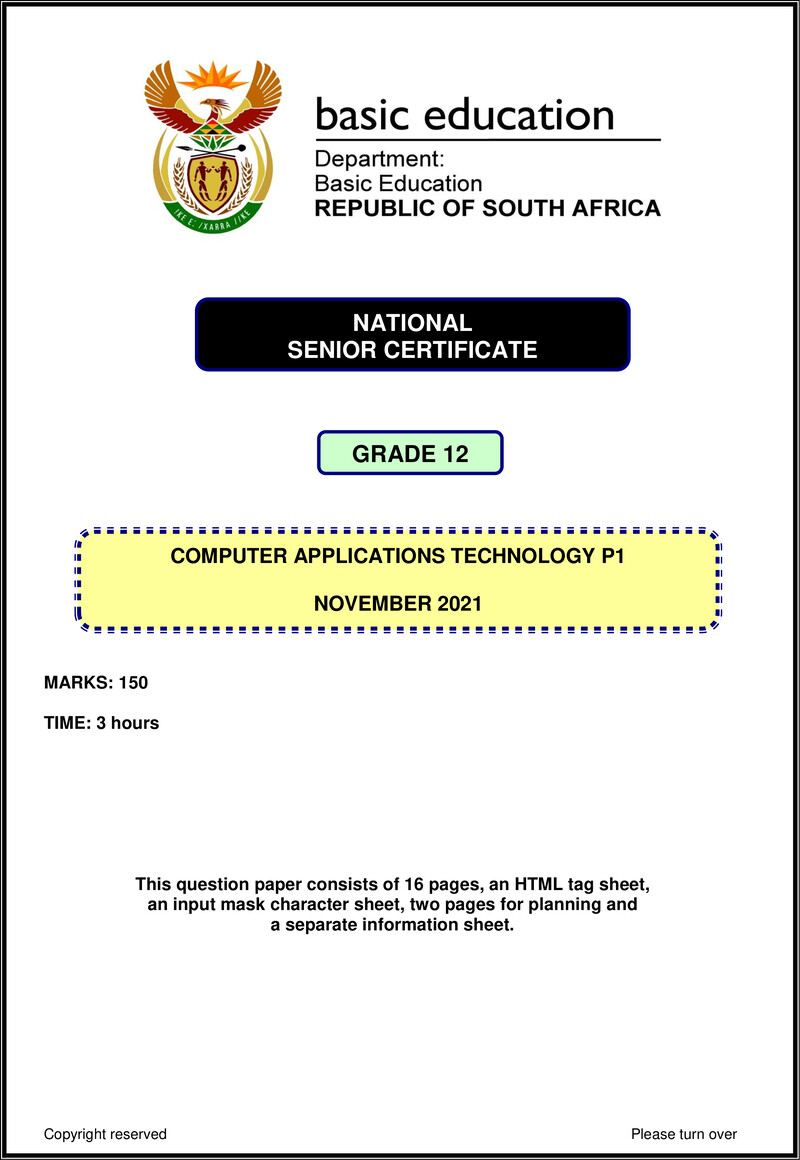 Grade 12 Computer Applications Technology past paper 2021 – computer application technology p1 nov 2021 eng gr12