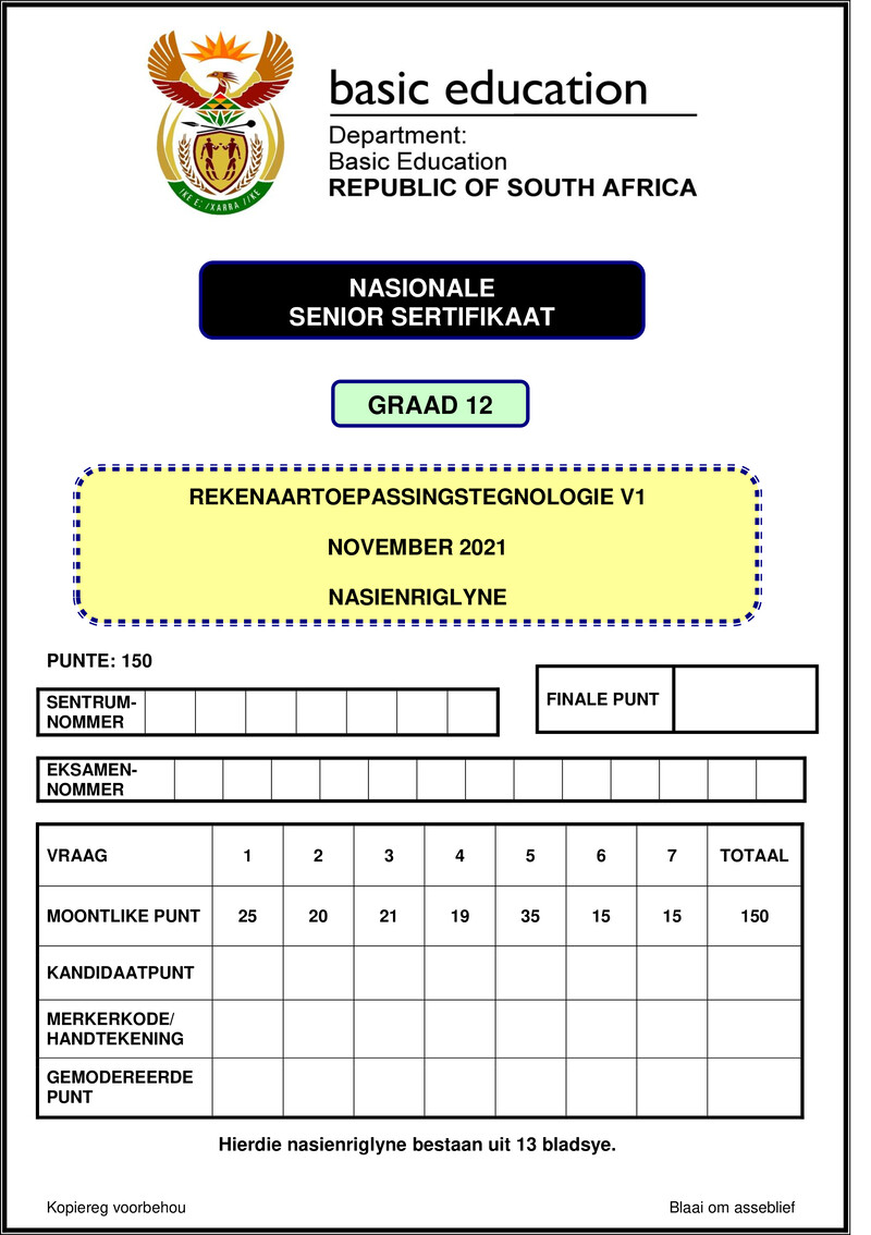 Grade 12 Rekenaartoepassingstegnologie past paper 2021 – computer application technology p1 nov 2021 mg afr gr12