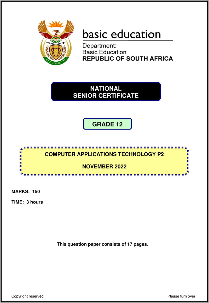 Grade 12 Computer Applications Technology past paper 2022 – computer applications technology p2 nov 2022 eng gr12