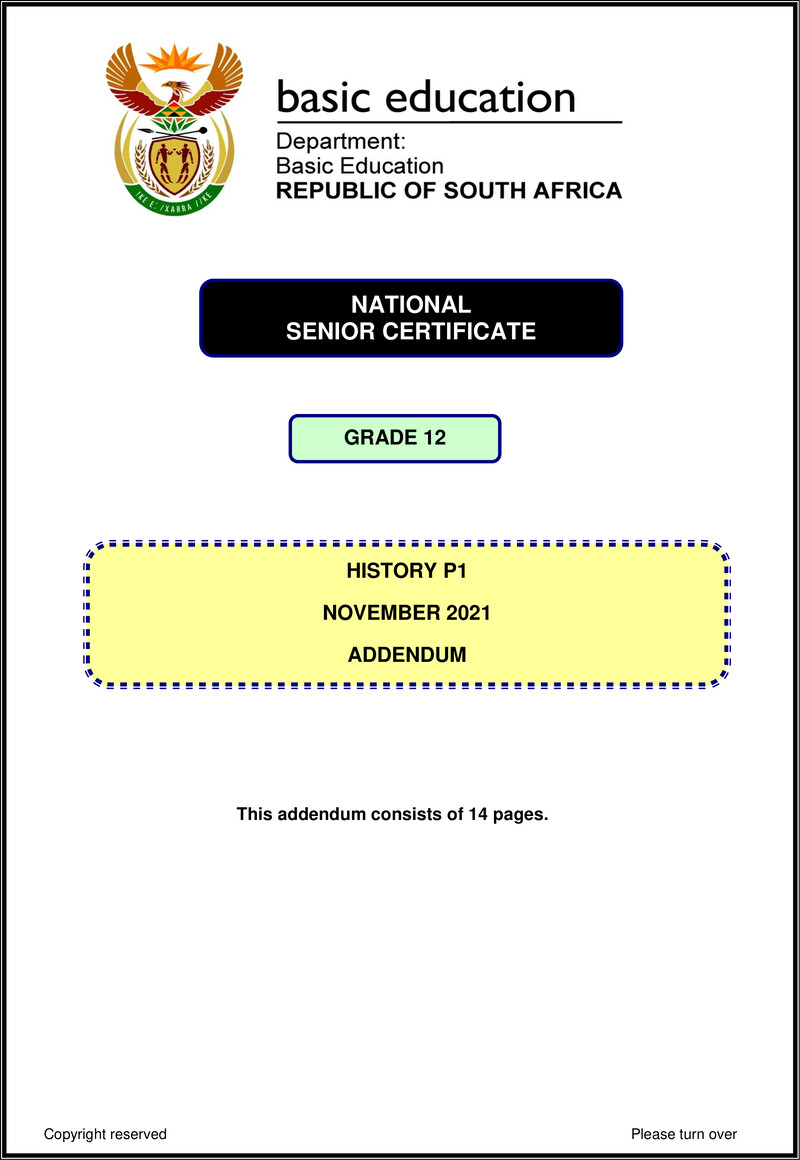 Grade 12 History past paper 2021 – history p1 nov 2021 addendum eng gr12