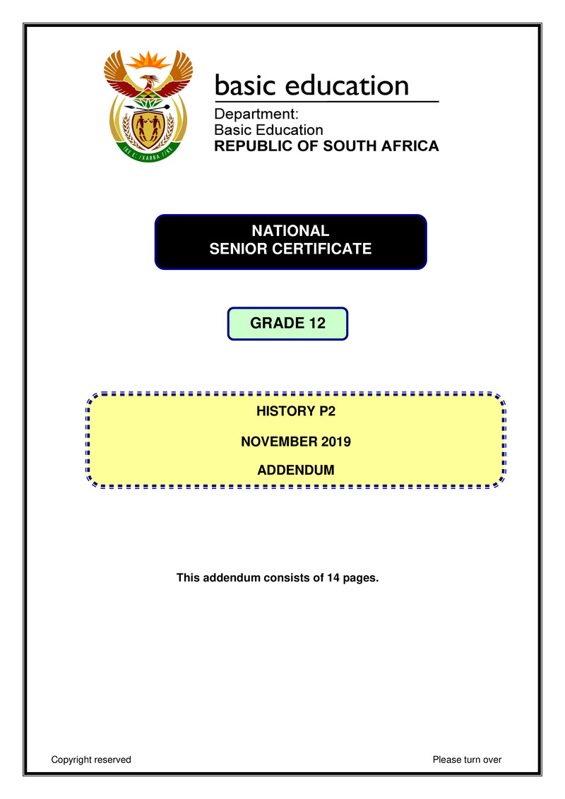 Grade 12 History past paper 2019 – history p2 nov 2019 addendum eng gr12