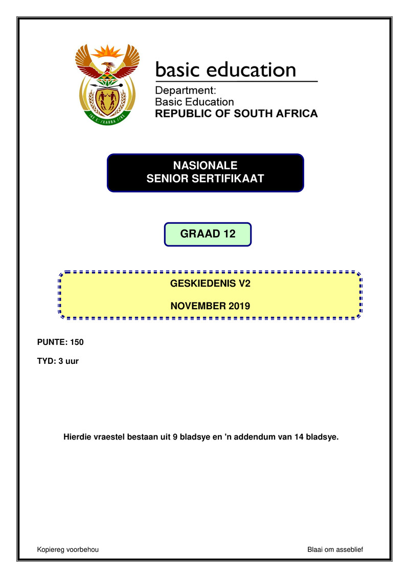 Grade 12 History past paper 2019 – history p2 nov 2019 afr gr12