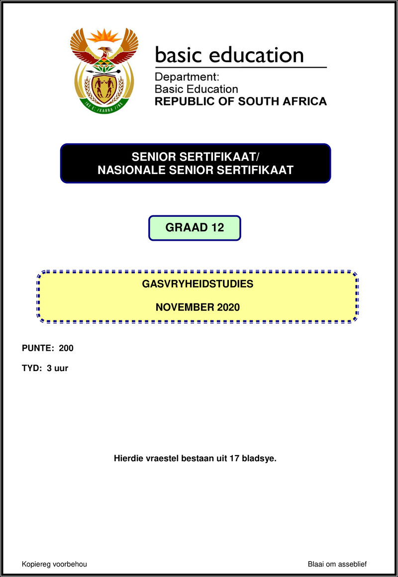 Grade 12 Gasvryheidstudies past paper 2020 – hospitality studies nov 2020 afr gr12